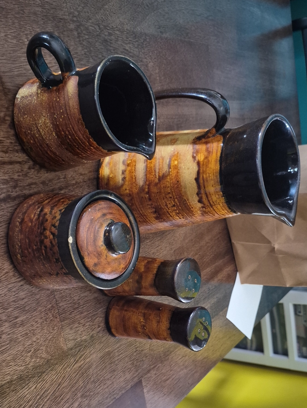 Handcrafted Brown Glazed Ceramic Pitcher and Condiment Set